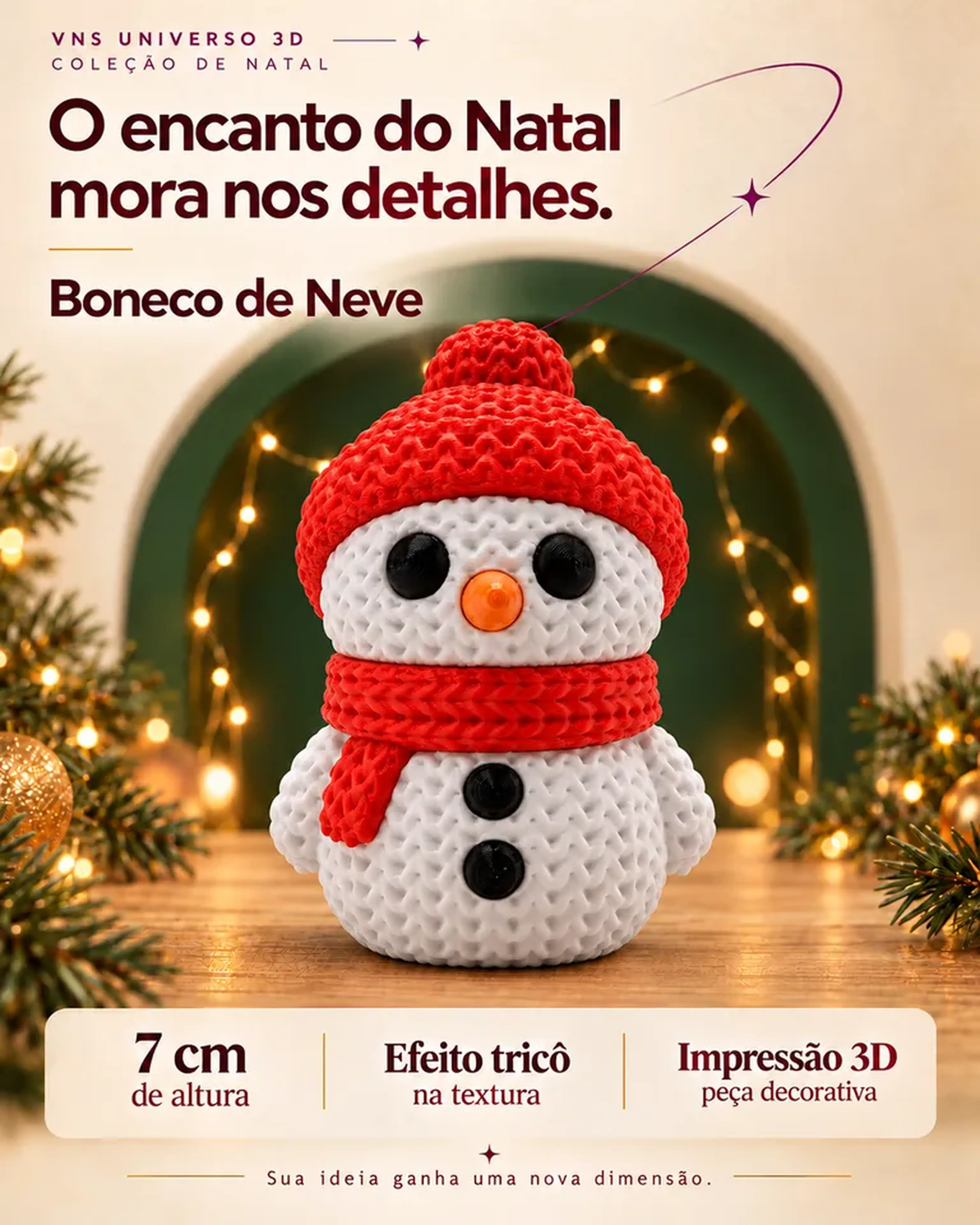 Boneco De Neve Natalino 7cm Efeito Tricô Enfeite De Mesa imagem