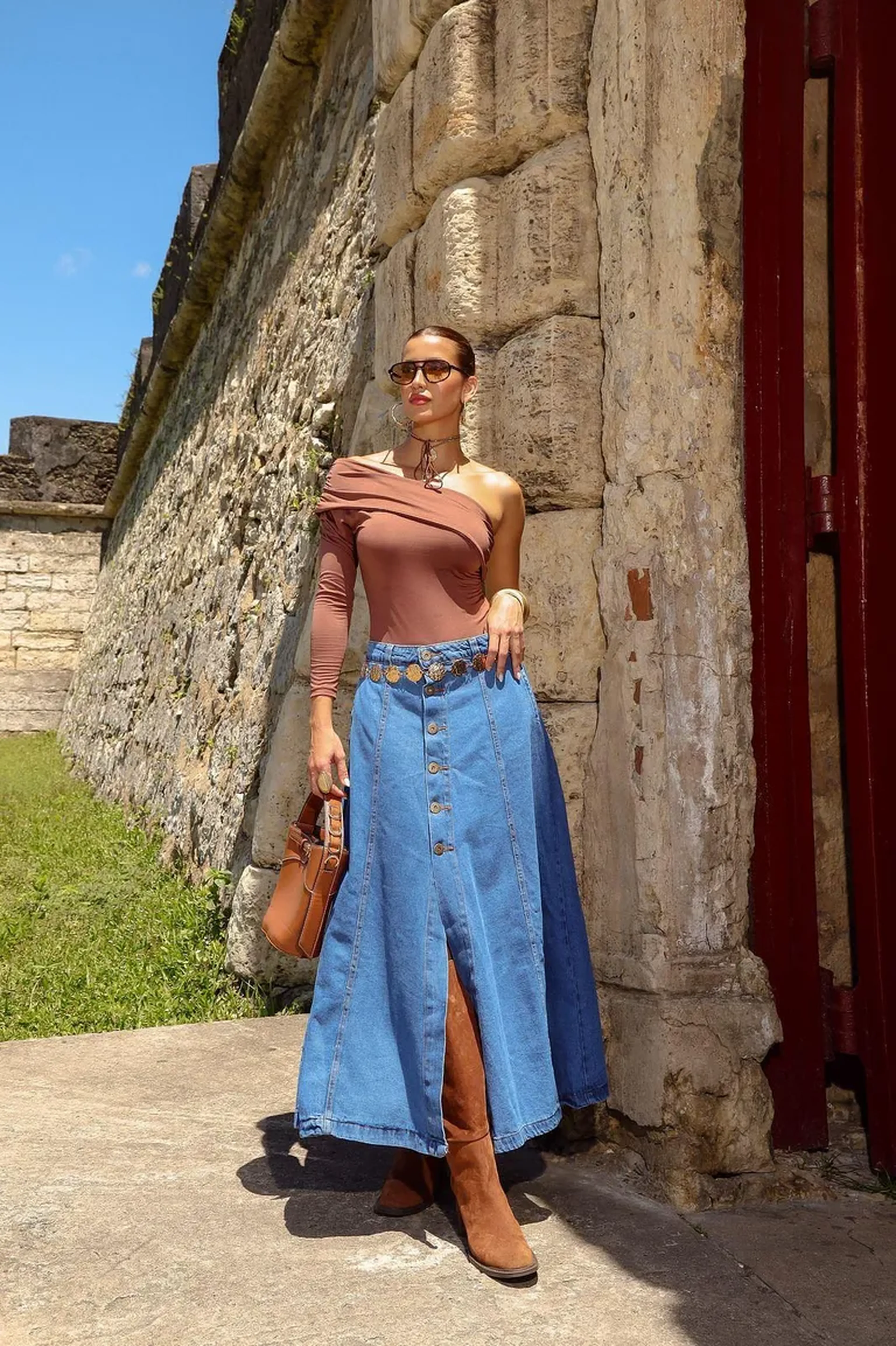 Saia Longa Denim Evasê imagem