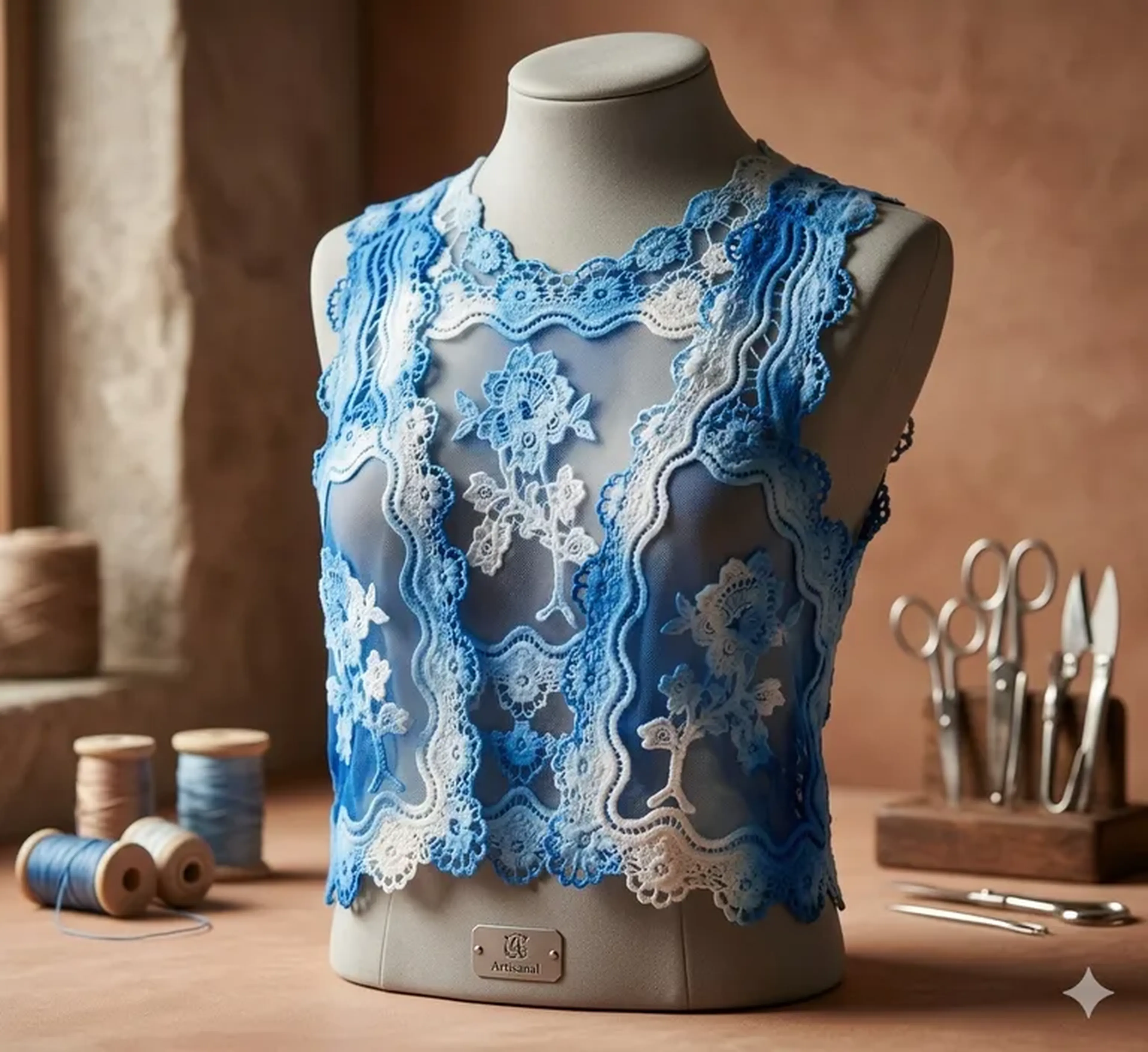 Colete de Renda Azul Ombré – Detalhes Florais imagem
