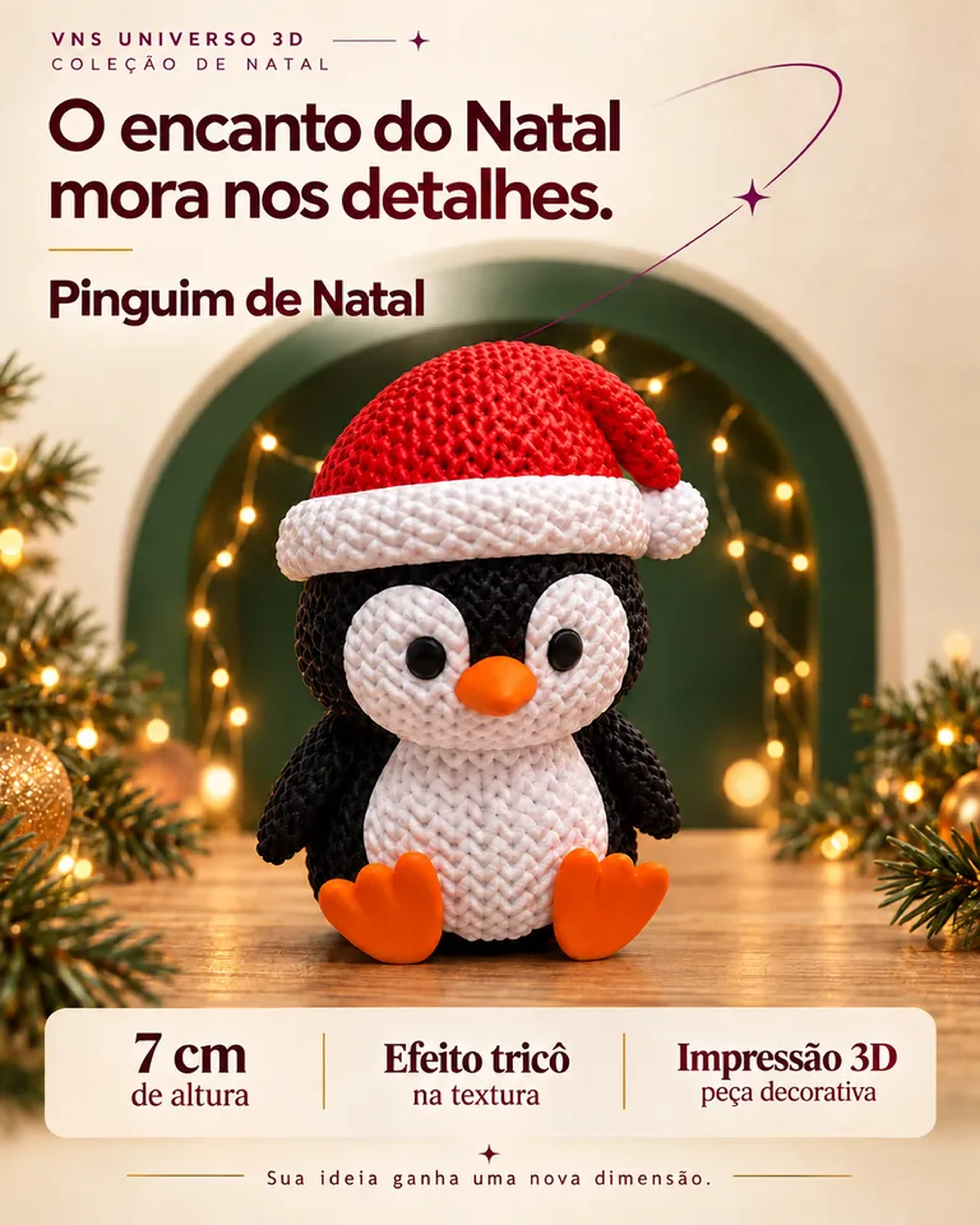 Pinguim Natalino Decorativo 7 cm com Gorro e Efeito Tricô imagem