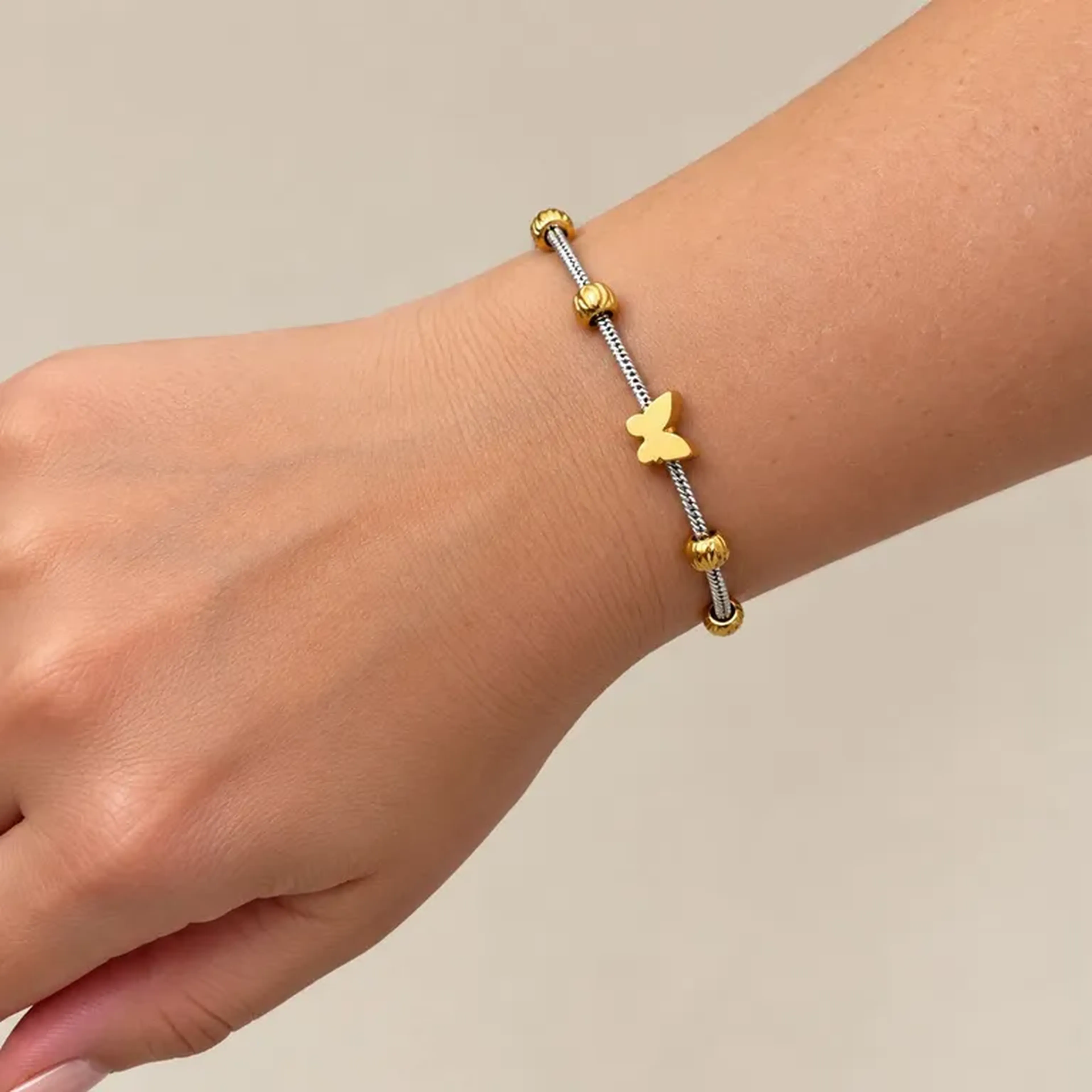 Pulseira borboleta - Aço inox prata e dourado imagem