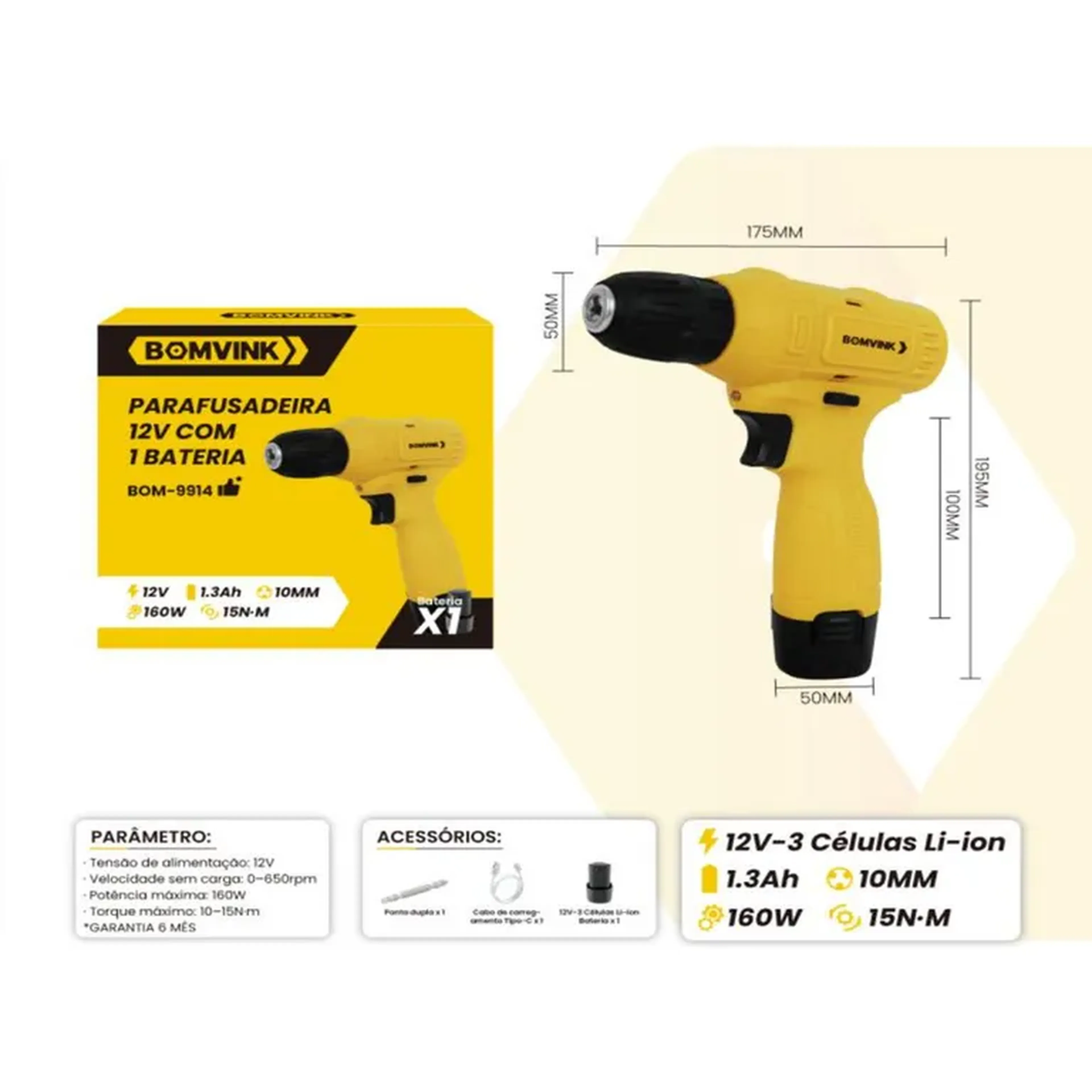 Parafusadeira 12V Bateria Lítio 1.3Ah Bomvink BOM-9914 imagem