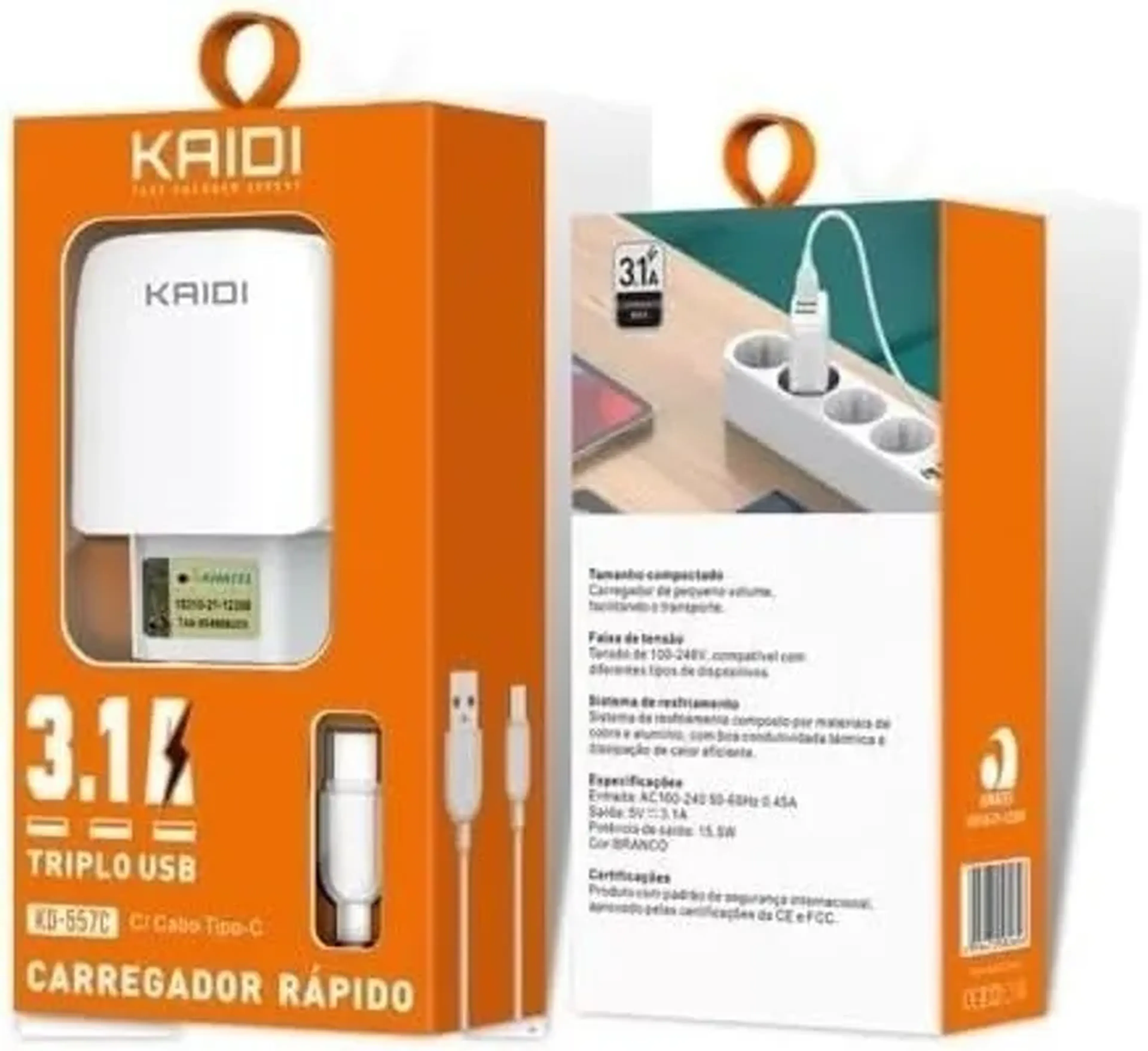Carregador Tipo-C KAIDI KD-557C 3 Saidas 15.5W imagem