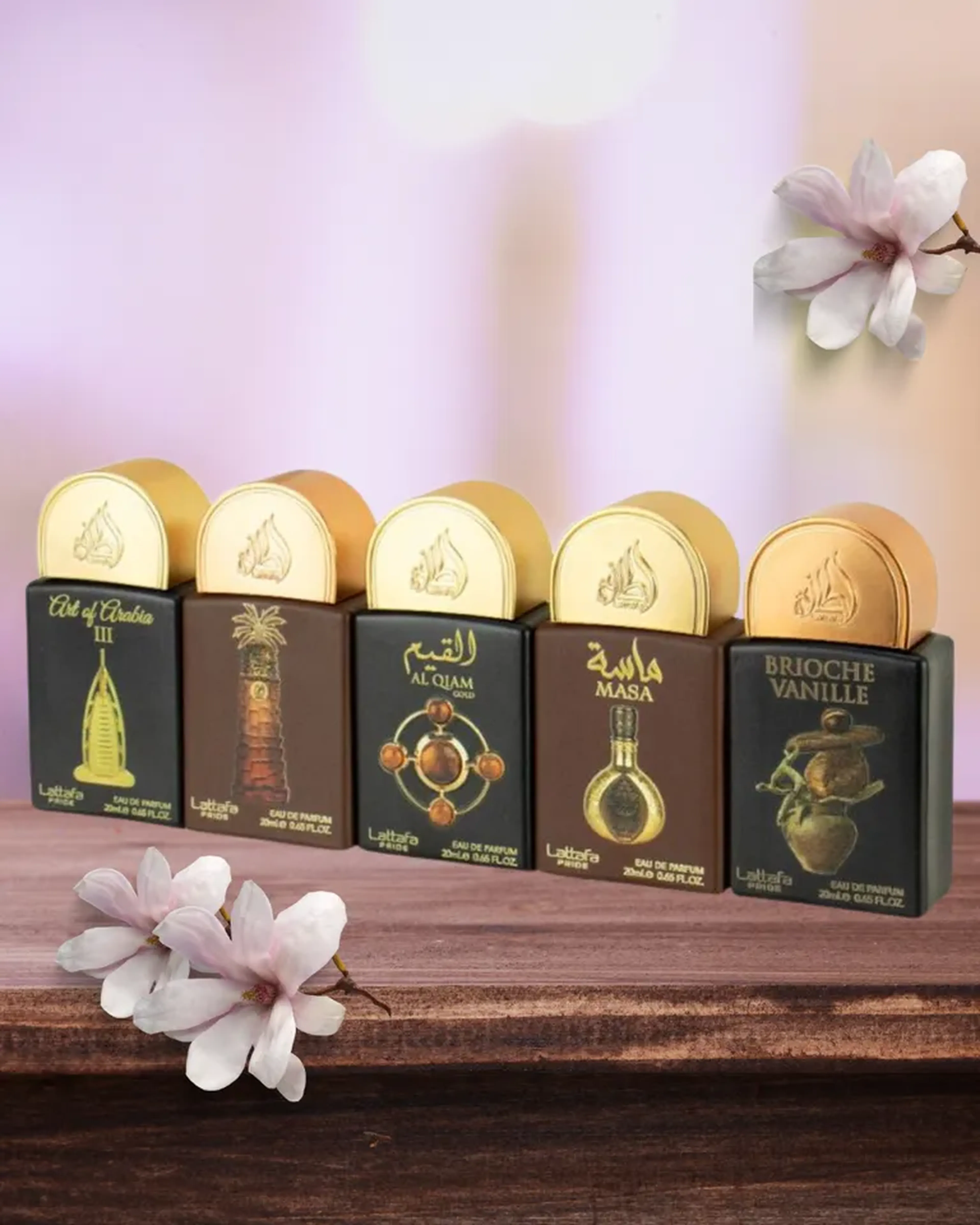KIT LATTAFA PRIDE ART OF ARABIA III+AJWAA+AL QIAM GOLD+MASA+BRIO imagem